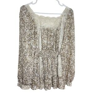 Candies Y2K Long Sleeve Floral Lace Square Neck Smocked Waist Blouse Top L